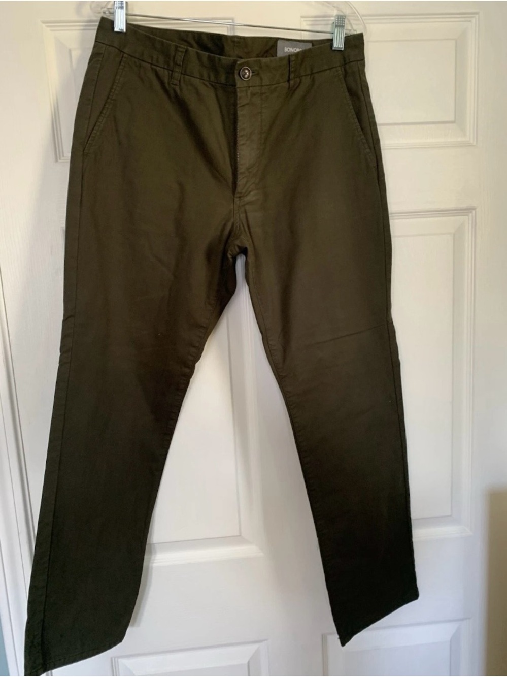 Bonobos Chino Pants Mens 34x30 Slim Fit Olive Green Dark Khaki Slacks.